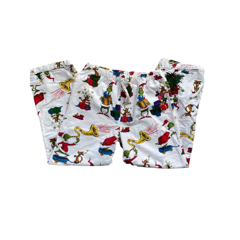 Pottery Barn Teen Dr S Ginch Flannel Pajama Set Sz L White Multi Holiday - Picture 4 of 11